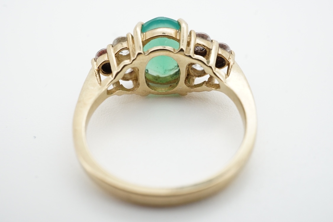 Two modern 9ct gold and gem set dress rings, including chrysoprase and simulated diamond, size J/K, gross weight 6 grams.